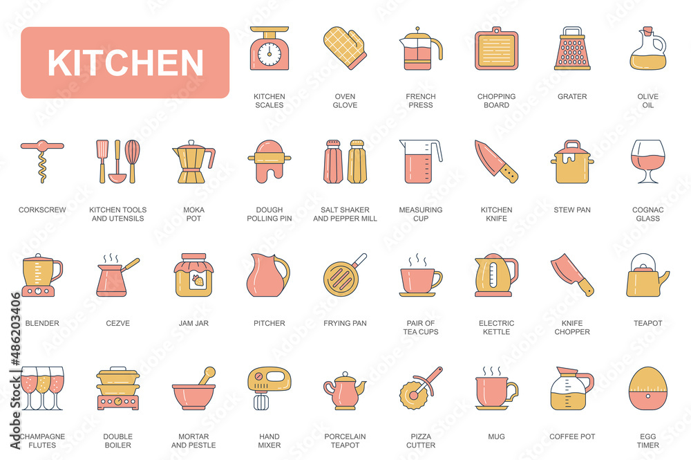 Kitchen concept simple line icons set. Pack outline pictograms of ...