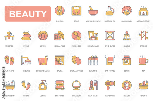 Beauty concept simple line icons set. Pack outline pictograms of slim girl, scale, massage oil, aromatherapy, herbal, candle, sauna, solarium and other. Vector elements for mobile app and web design
