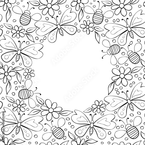 Vector cute frame, border from contoured butterflies, honey bees and flowers in Doodle style. Glade, forest edge, nature theme. Decoration for spring, summer, holiday, children