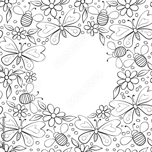 Vector cute frame  border from contoured butterflies  honey bees and flowers in Doodle style. Glade  forest edge  nature theme. Decoration for spring  summer  holiday  children