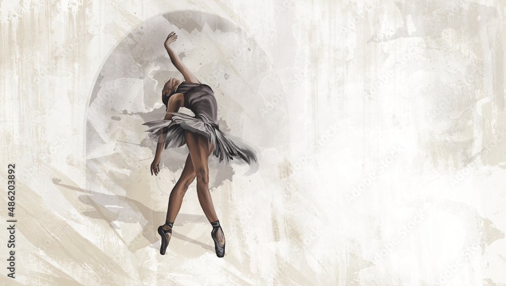 flare of an arch in a watercolor style in which a drawn ballerina is painted on a textured background, photo wallpaper for the interior - obrazy, fototapety, plakaty 