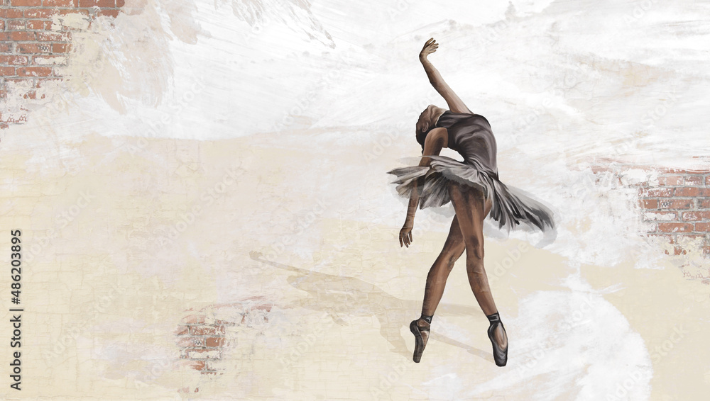 art ballerina on a textured background with scuffs and a brick texture, photo wallpaper for the interior - obrazy, fototapety, plakaty 