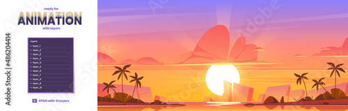 Tropical landscape with sea and palm trees on sand beach at sunset. Vector parallax background ready for 2d animation with cartoon summer scene with lagoon, mountains and sun on horizon at evening