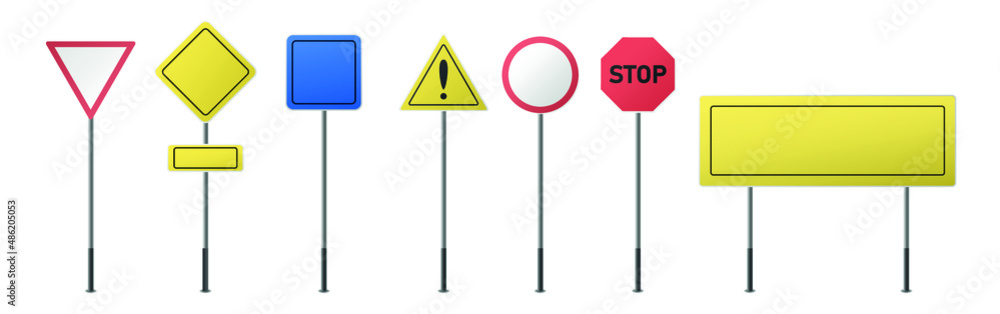 Set of road signs isolated. Direction traffic signs boards on metal stand, empty pointer post and directing signboard. Set of road signs isolated. Direction traffic signs boards on metal stand, empty pointer post and directing signboard.