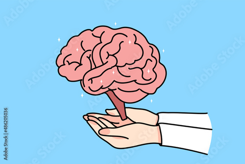 Person hand hold brain explore human body organ. Doctor or neurologist work on neurology mind issues. Neuroscience and healthcare concept. Flat vector illustration. 