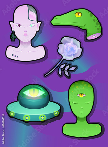 Futuristic stickers with alien, flying saucer, cyborg girl, dinosaur and holographic rose.