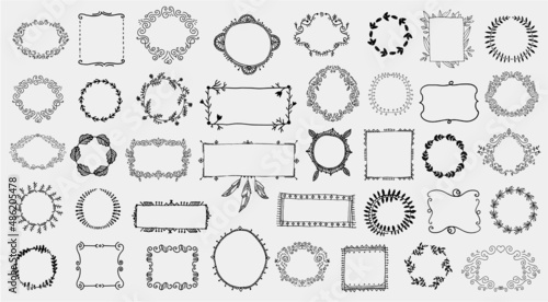 Vector floral decor set of hand drawn doodle frames, wreaths, borders, elements. Isolated.