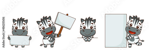 Set of zebras in different poses holding blank signs. Vector illustration for designs, prints and patterns. Isolated on white background