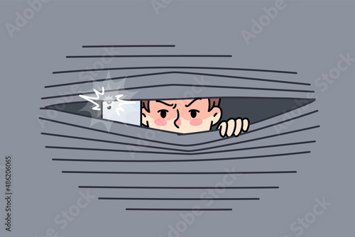 Male paparazzi hide behind curtain take pictures with camera. Man photographer hidden from people make photos with phone. Reporter and journalist job. Flat vector illustration. 