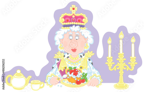 Queen in a crown and in a solemn royal dress sitting at her festive table with a traditional fresh and tasty British Yorkshire pudding with berries  vector cartoon illustration on white