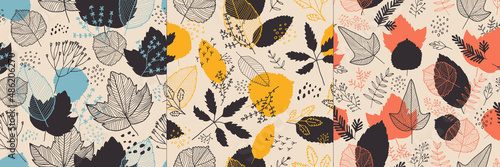 Vector leaves seamless patterns set, hand drawn autumn background. Retro fall nature, plants pattern.