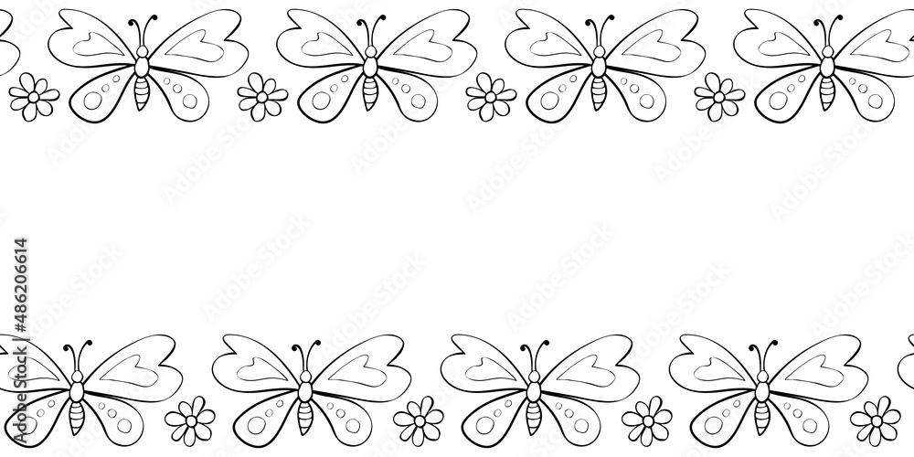 Naklejka premium Vector cute border, frame of outline butterflys and flowers in doodle style. Horizontal top and bottom edging, decoration, seamless pattern for holidays, natural design, spring, summer, children