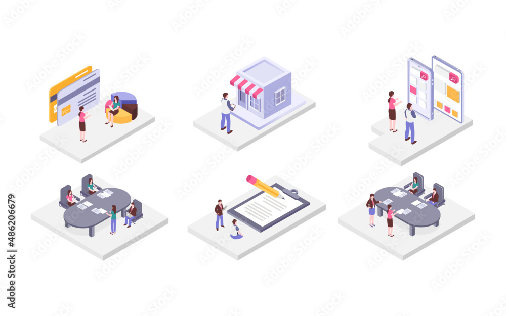 Set Of Isometric Business People Working In Workspace Statistical Analysis And Management Set Of Isometric Business People Working In Workspace Statistical Analysis And Management