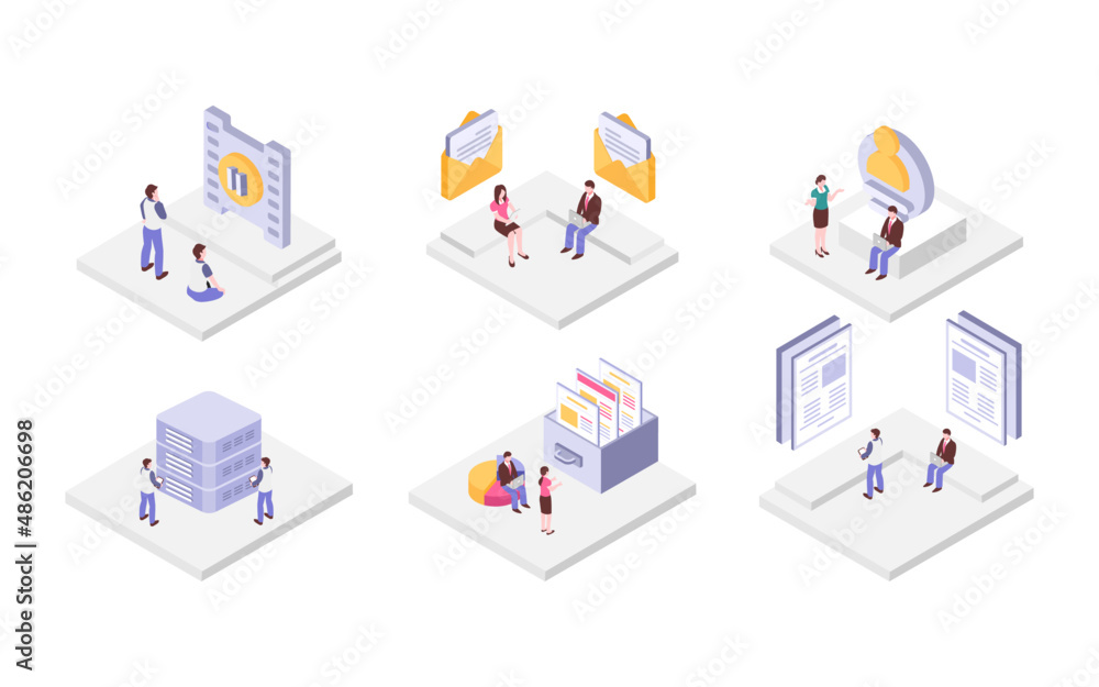 Set Of Isometric Business People Working In Workspace Statistical Analysis And Management Set Of Isometric Business People Working In Workspace Statistical Analysis And Management