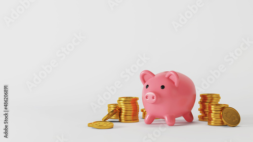 Pink piggy bank surrounded by gold coins. Saving money, opening a deposit. 3D rendering.