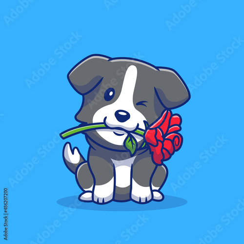 Cute Collie Dog With Red Rose Cartoon Vector Icon Illustration. Animal Romance Icon Concept Isolated Premium Vector. Flat Cartoon Style
