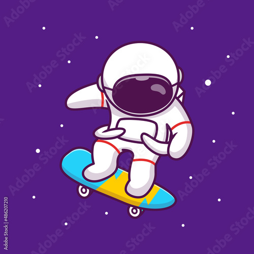 Cute Astronaut Playing Skateboard In Space Cartoon Vector Icon Illustration. People Science Space Icon Concept Isolated Premium Vector. Flat Cartoon Style