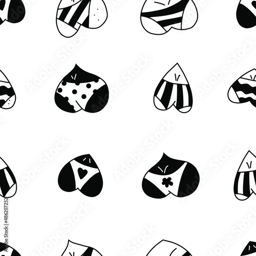 Buttocks heart seamless pattern. Doodle butt. Bodypositive. Hand drawn female hips. Love for your body. Stock vector panties illustration isolated on white background.