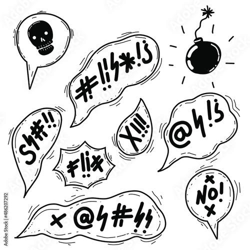 Swear curses word. Doodle hand drawn speech bubble with swear words symbols. Comic speech bubble with curses, skull, lightning, bomb. Angry screaming emoji. Vector illustration isolated on white. photo