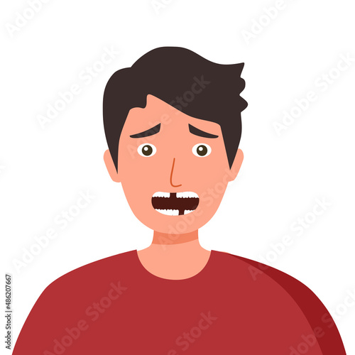 Man with missing teeth in flat design on white background. Guy loss his tooth. 