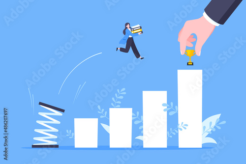 Business mentor helps to improve career with springboard vector illustration. Business person jumps above career ladder graph. Success growth, motivation opportunity, boost career concept.