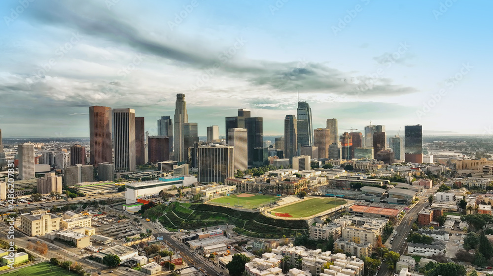 Los Angels city center. Los angeles aerial view, with drone. Los Angeles downtown skyline.