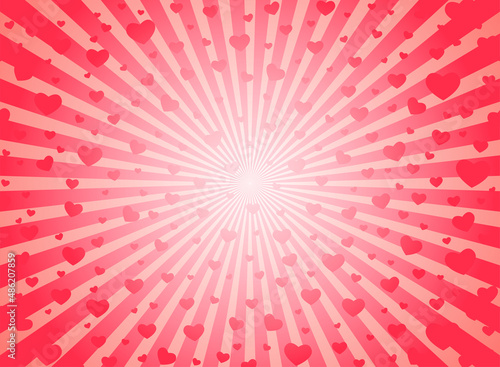 Sunlight glow background with hearts. Red color burst. Sun beam ray sunburst wallpaper. Love St. Valentine backdrop. Romantic wallpaper. Circus poster or placard