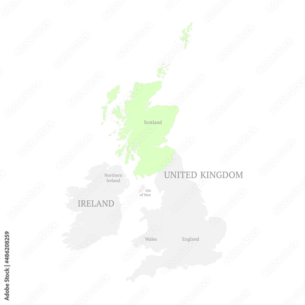Map of United Kingdom countries with the indication of Scotland. Political map of England, Scotland, Wales, Northern Ireland and Isle of Man. Detailed outline and silhouette. All isolated on white.