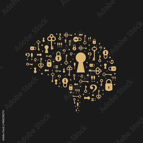 Brain secrets concept. Brain silhouette made of golden keys and locks isolated on black background. Mind Mechanics, psychotherapy, psychology or skills symbol.