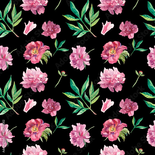 Fototapeta Naklejka Na Ścianę i Meble -  Watercolor seamless pattern with pink peonies on black background. Spring, botanical, floral hand painted print.Designs for scrapbooking, packaging, wrapping paper, social media, textiles, fabric.