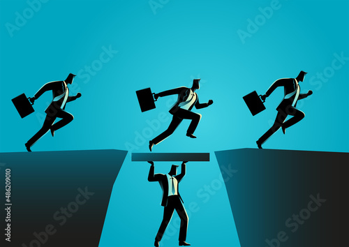 Businessman lifts wooden platform to help other businessmen to cross
