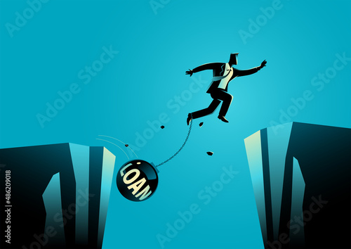 Businessman jumps over ravine with feet chained to iron ball