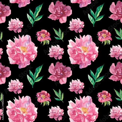 Watercolor seamless pattern with pink peonies on black background. Spring  botanical  floral hand painted print.Designs for scrapbooking  packaging  wrapping paper  social media  textiles  fabric.