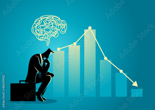 Businessman sitting on his briefcase with a tangled mind