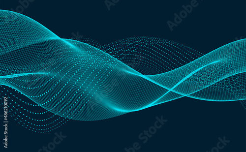 Vector abstract wave design. Futuristic particle concept with blue dotted lines and smooth low poly grid, oscillating and floating on dark background.