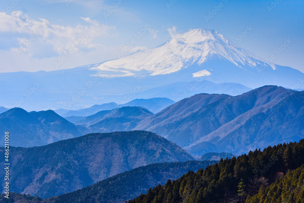 Mountain ridge and Mt. Fuji in winter