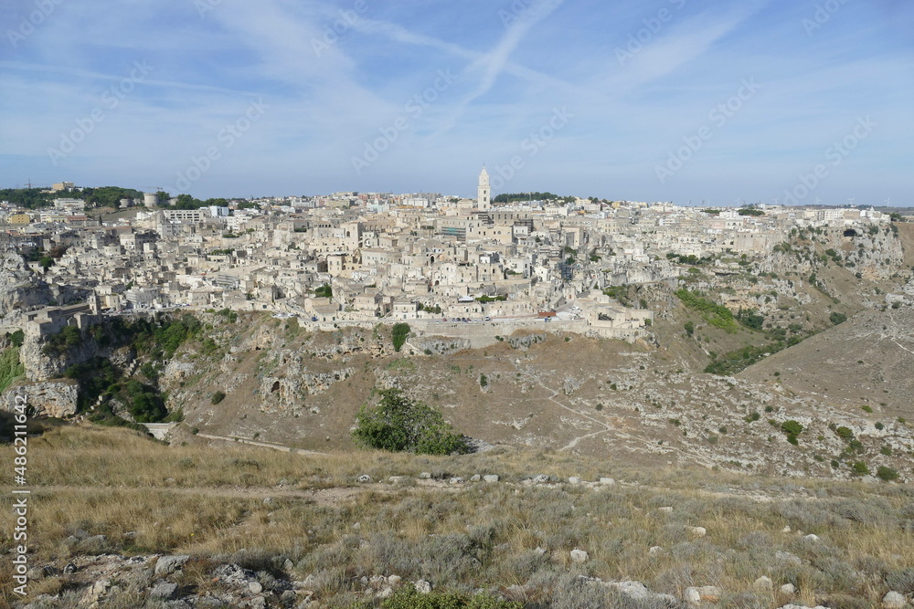 panorama on Matera and on the canyon carved by the Gravina River in Murgia Materana Park from Murgia Timone viewpoint 