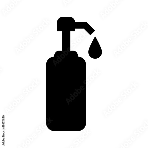 The disinfector icon. A black silhouette of a bottle with a dispenser from which a drop of disinfectant or soap drips.. Vector illustration isolated on a white background for design and web.