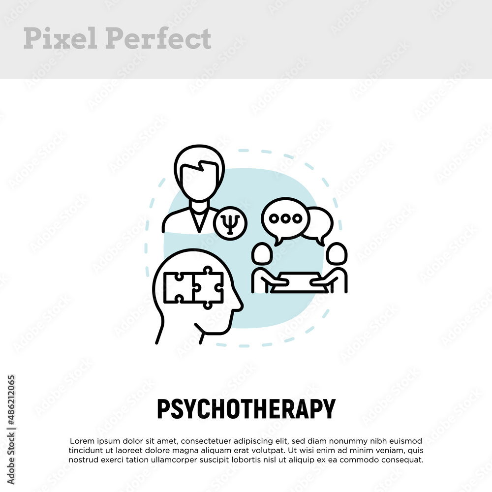 Psychotherapy concept with thin line icons, psychoanalysis with professional, support and solution mental problems, connect puzzle in head. Vector illustration. Psychotherapy concept with thin line icons, psychoanalysis with professional, support and solution mental problems, connect puzzle in head. Vector illustration.