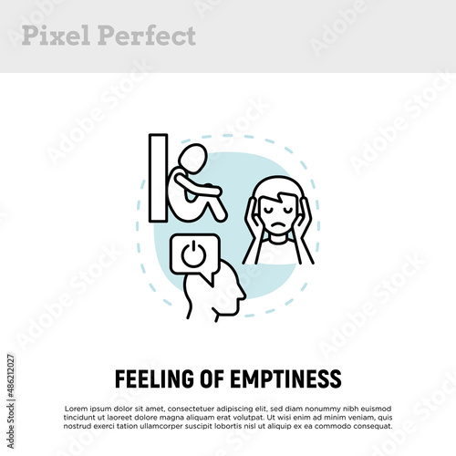 Feeling of emptiness concept with thin line icons, working fatigue, loneliness, tired man, low battery. Depression symptoms. Vector illustration.