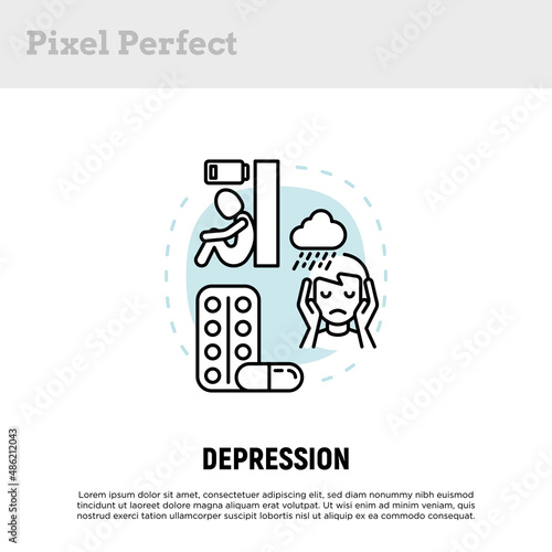 Depression concept with thin line icons, working fatigue, loneliness, scared man. Mental disease. Vector illustration.