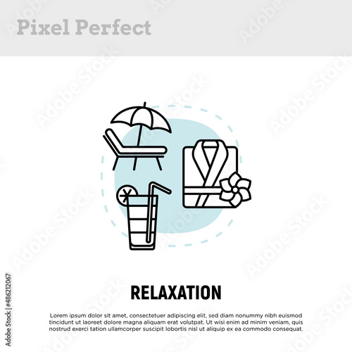 Relaxation concept with thin line icons, spa treatment, beach vacation, smoothie shake, bathrobe. Vacation in tropic climate. Vector illustration.