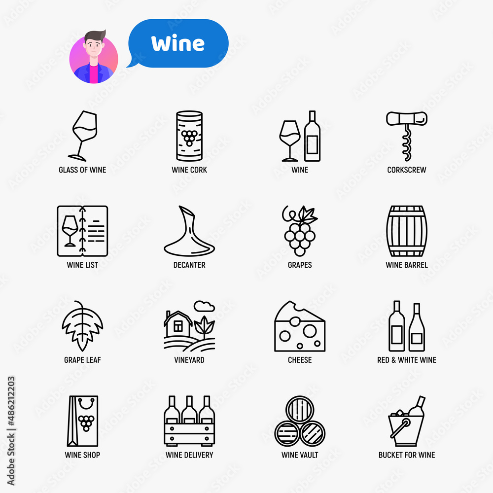 Wine thin line icons set: corkscrew, wine glass, cork, grapes, barrel, list, decanter, cheese, vineyard, bucket, shop, delivery. Modern vector illustration. Wine thin line icons set: corkscrew, wine glass, cork, grapes, barrel, list, decanter, cheese, vineyard, bucket, shop, delivery. Modern vector illustration.