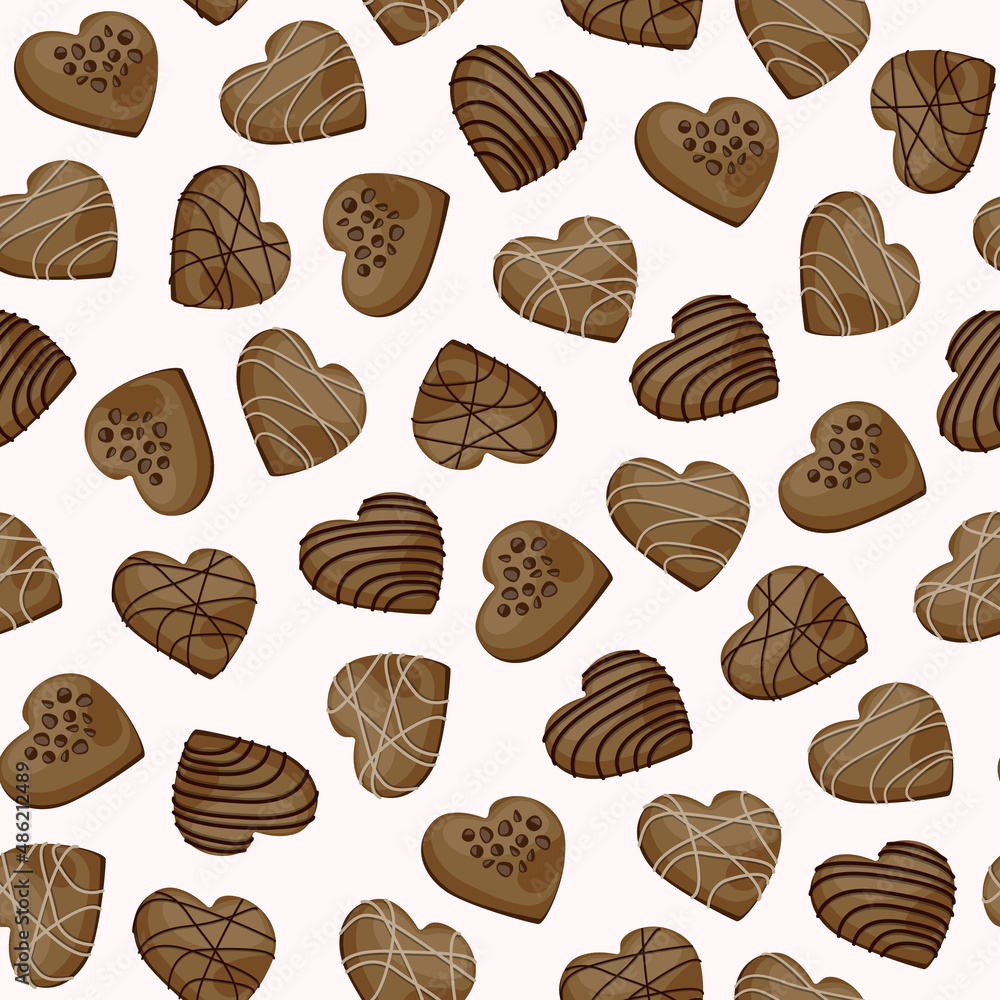 Vector seamless pattern with heart shaped milk chocolate candies isolated on white background. Vector seamless pattern with heart shaped milk chocolate candies isolated on white background.