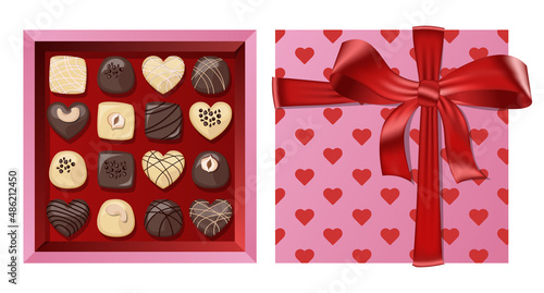 Top view pink gift open square box with red ribbon and bow and chocolates isolated on white background. Vector illustration.