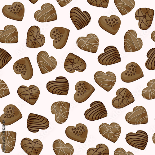 Vector seamless pattern with heart shaped milk chocolate candies isolated on white background.