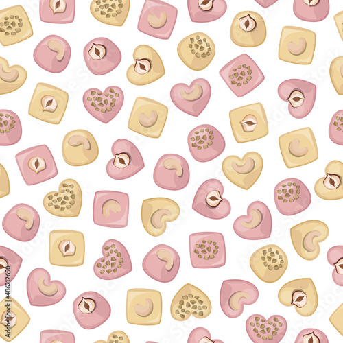Vector seamless pattern with white and pink chocolate candies of various shapes with nuts.
