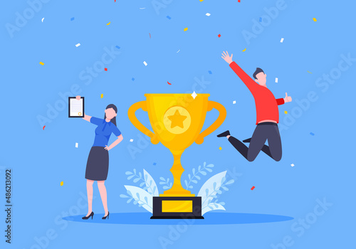 Employee recognition or proud workers of the month business concept flat style design vector illustration. Young adult people jump in the air with trophy cup.