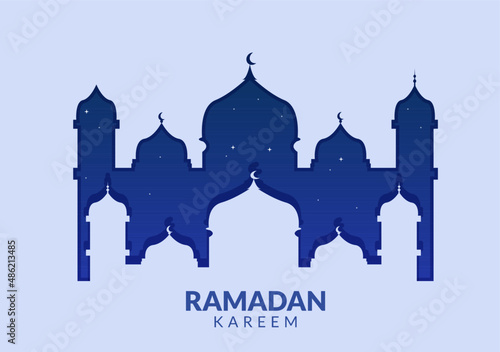 Ramadan Kareem with Mosque, Lanterns and Moon in Flat Background Vector Illustration for Religious Holiday Islamic Eid Fitr or Adha Festival Banner or Poster
