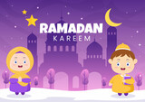 Ramadan Kareem with People, Mosque, Lanterns and Moon in Flat Background Vector Illustration for Religious Holiday Islamic Eid Fitr or Adha Festival Banner or Poster